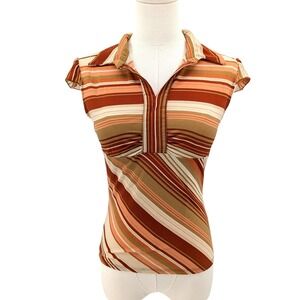 Y2K retro stripe ruched polo top‎ earth tone fitted stretch blouse S